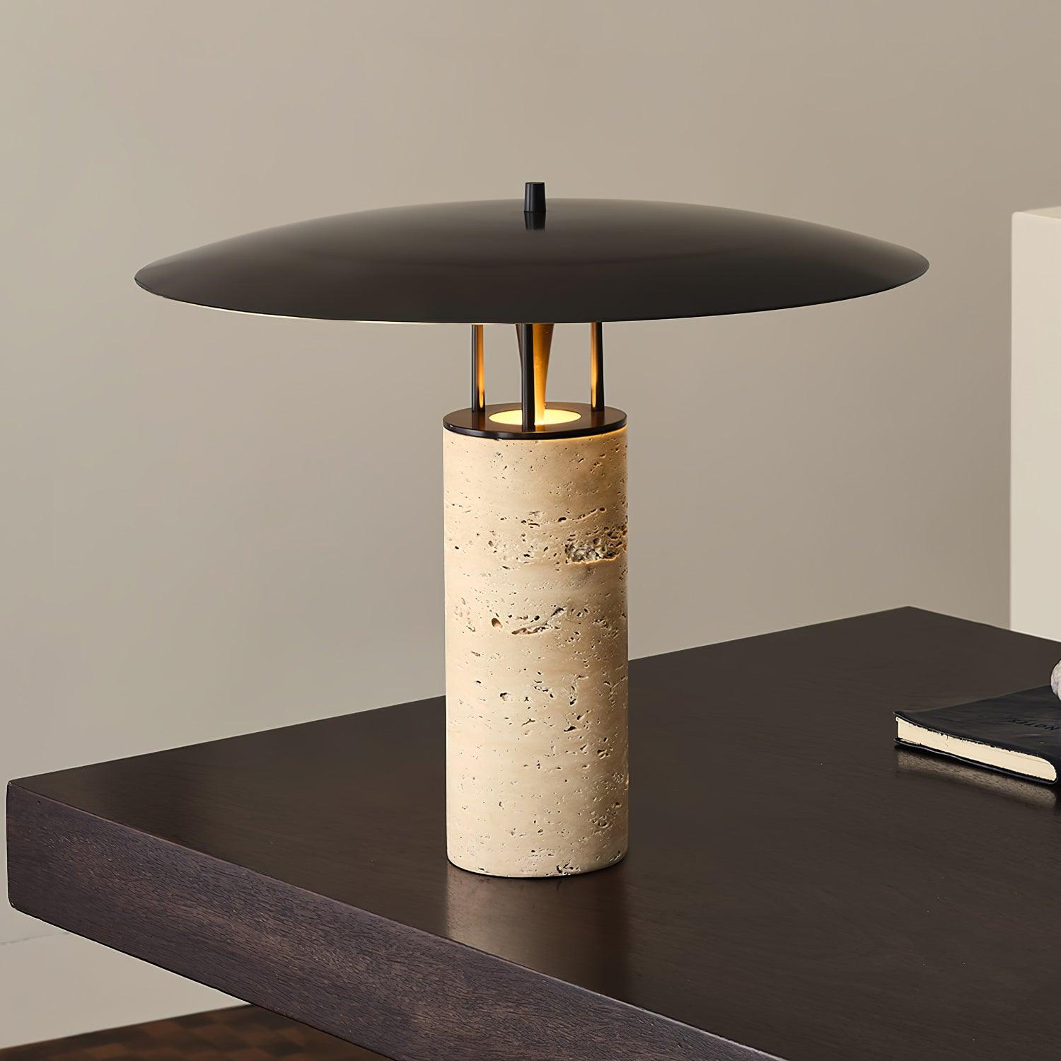 Eara Disc-Pillar Travertine Table Lamp-Neutral Decor