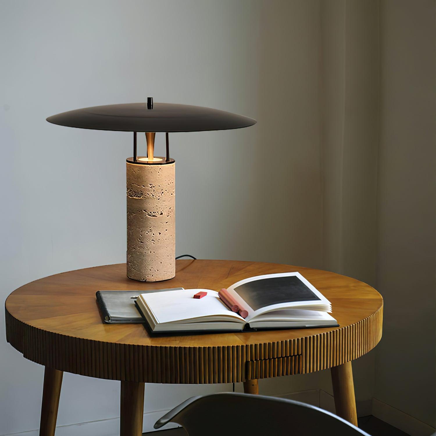 Eara Disc-Pillar Travertine Table Lamp-Neutral Decor
