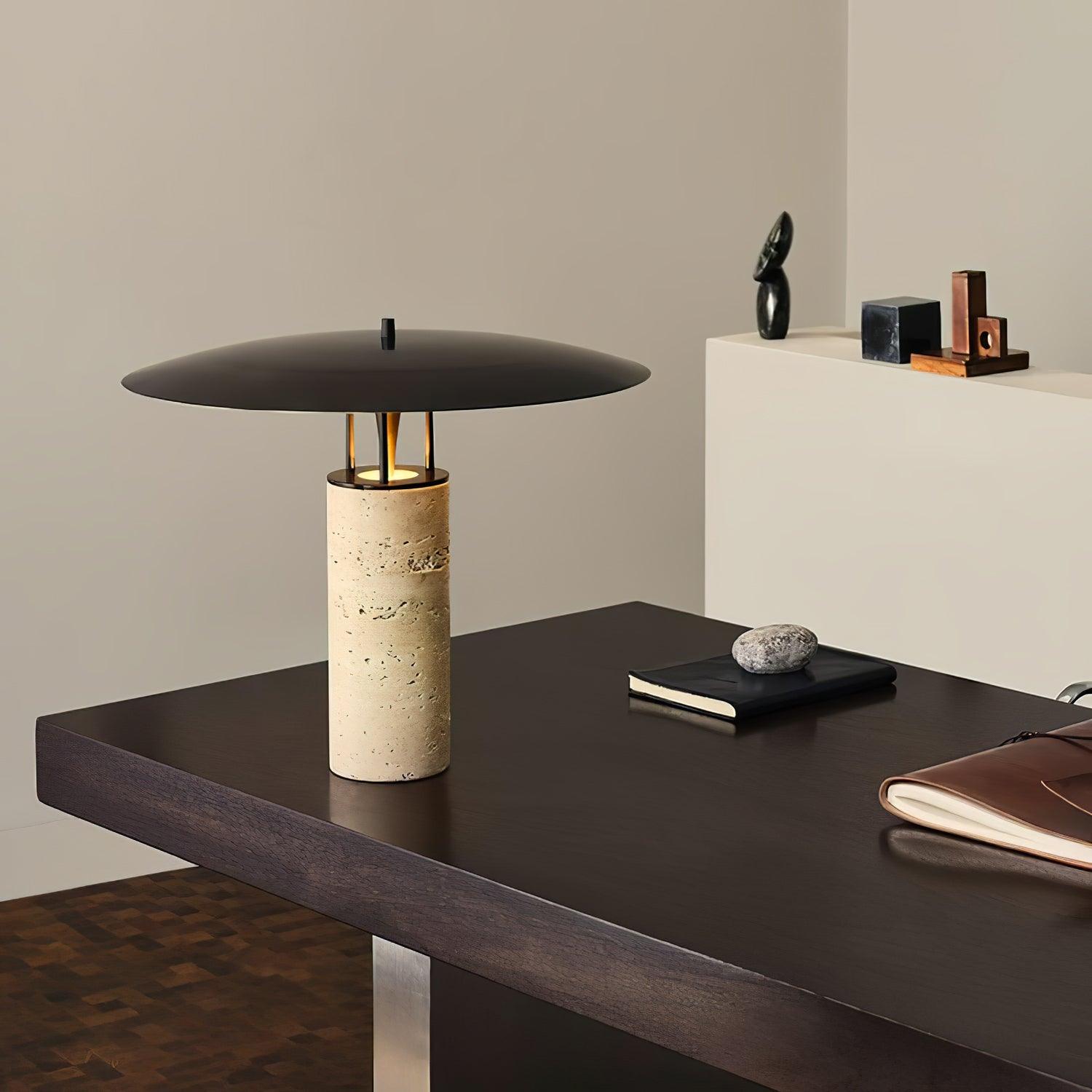 Eara Disc-Pillar Travertine Table Lamp-Neutral Decor