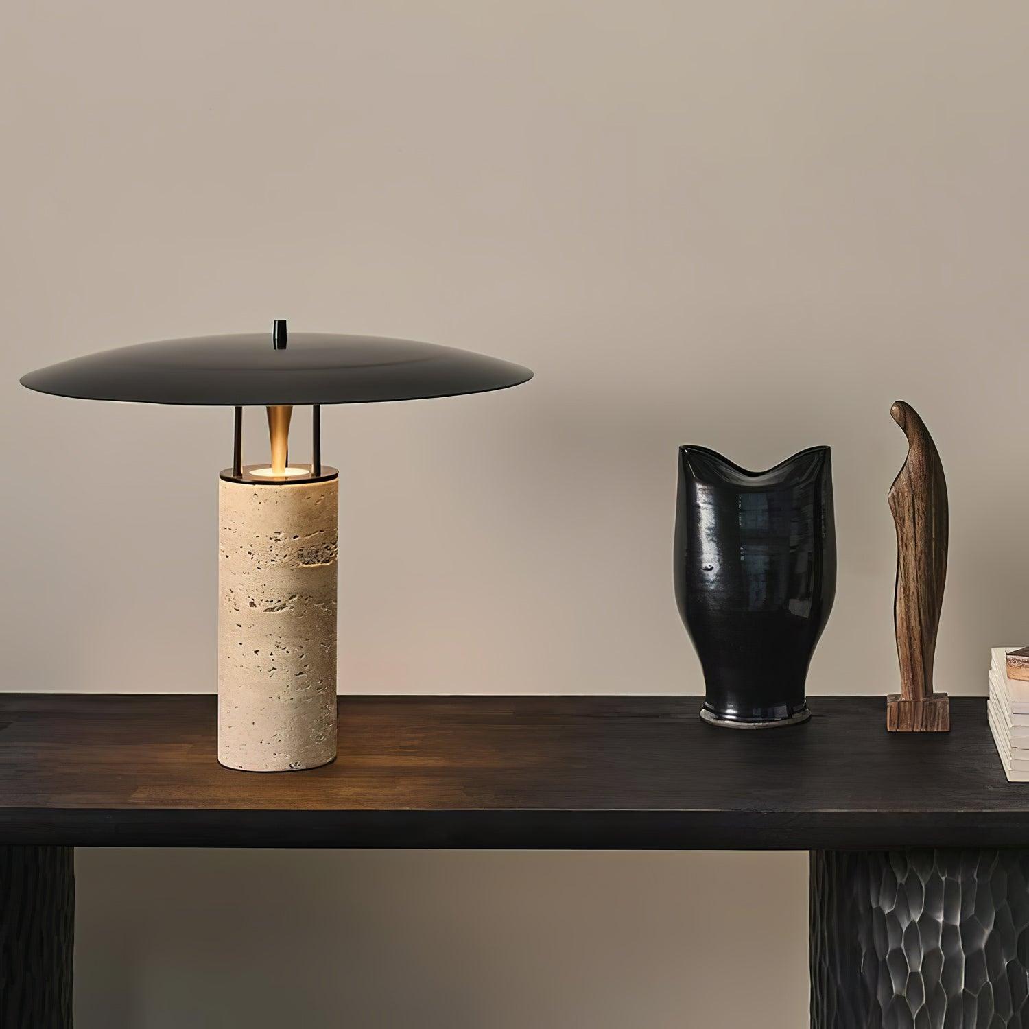 Eara Disc-Pillar Travertine Table Lamp-Neutral Decor