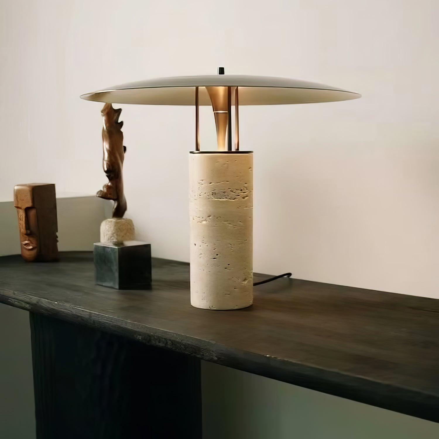 Eara Disc-Pillar Travertine Table Lamp-Neutral Decor