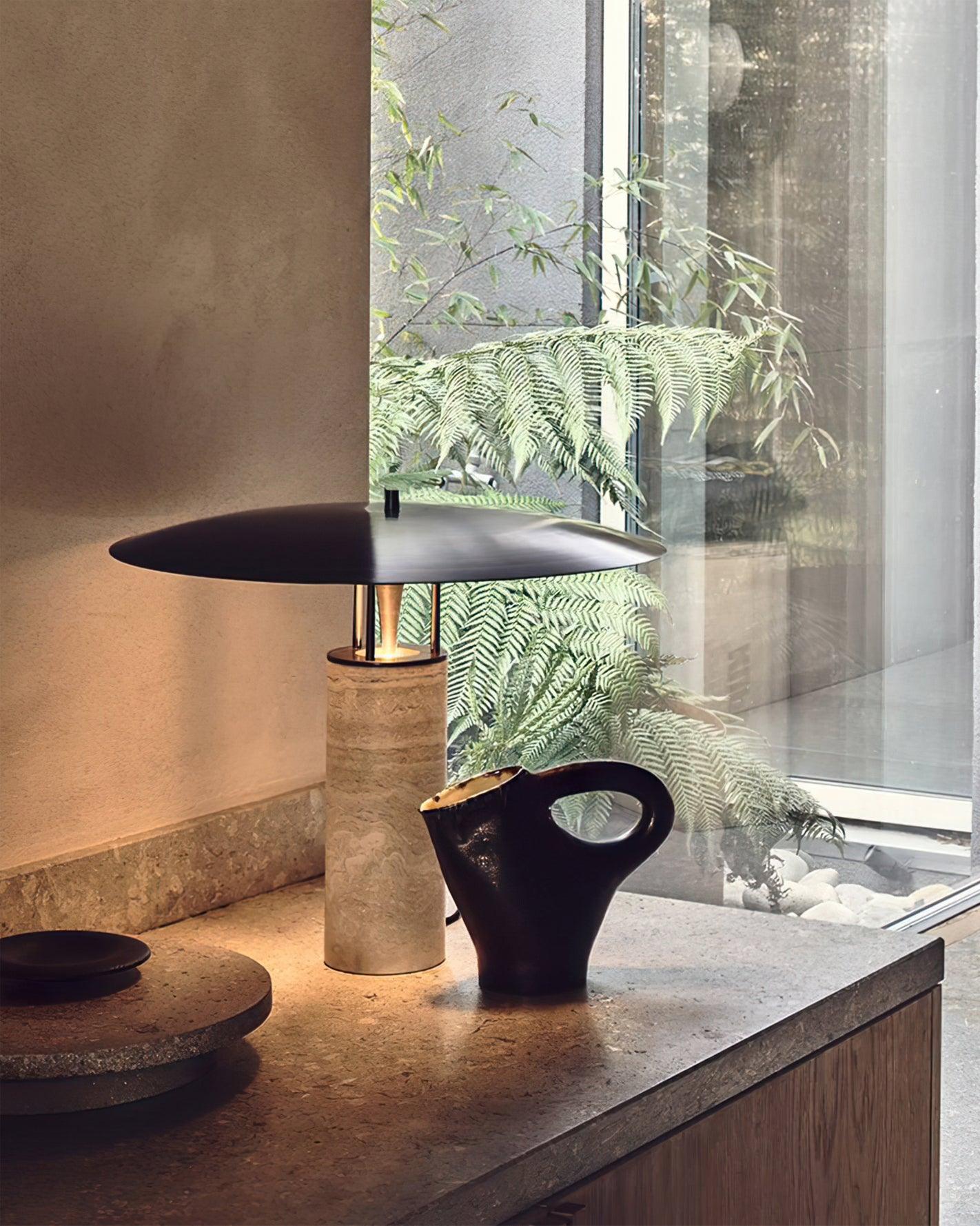 Eara Disc-Pillar Travertine Table Lamp-Neutral Decor