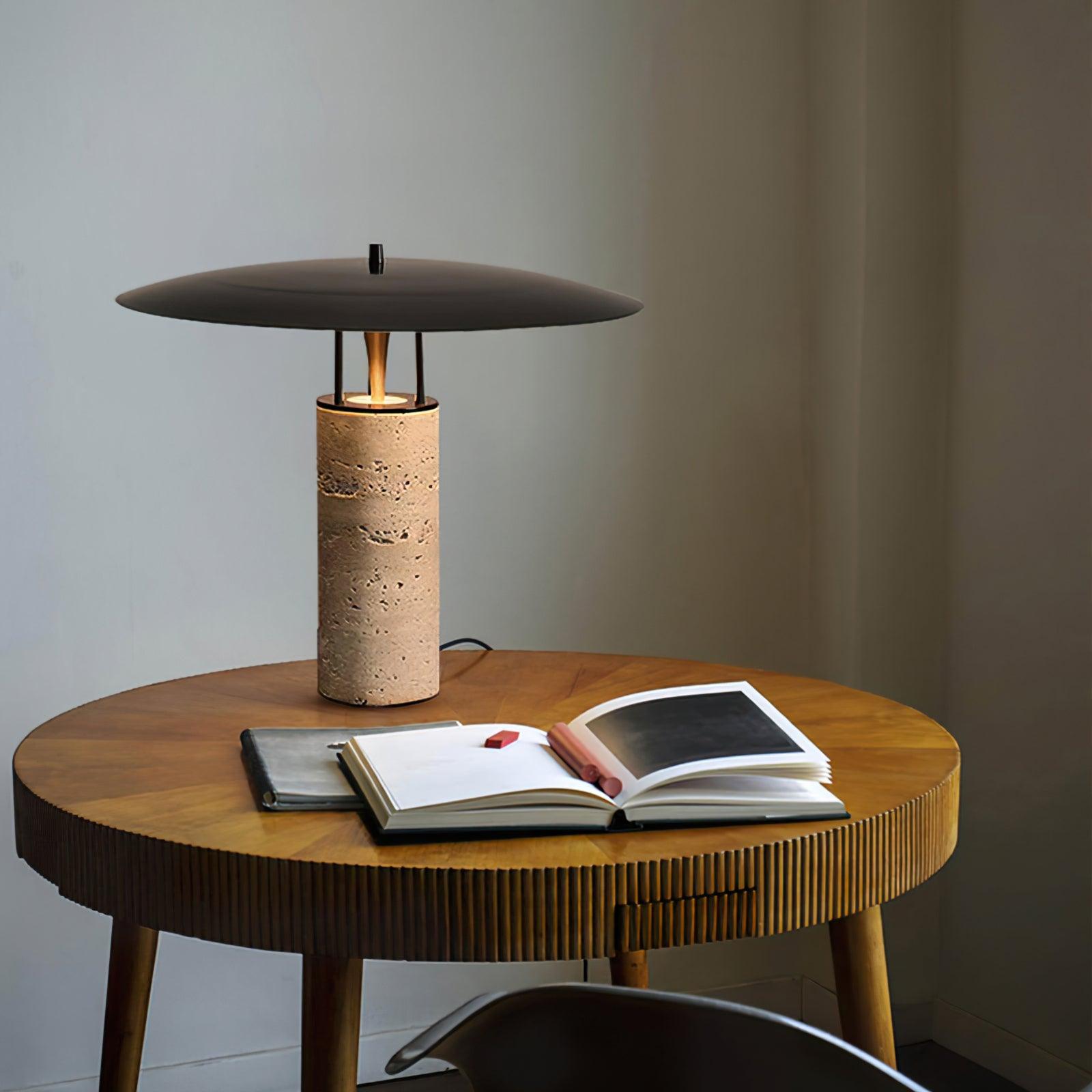 Eara Disc-Pillar Travertine Table Lamp-Neutral Decor