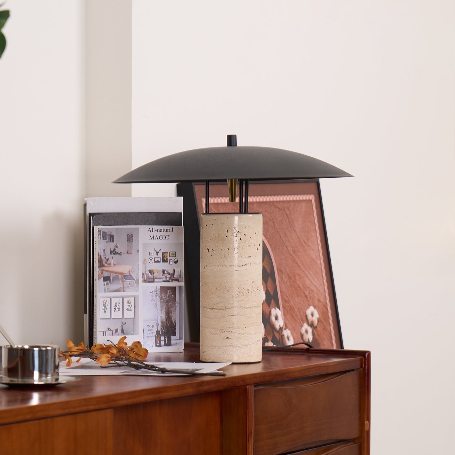Eara Disc-Pillar Travertine Table Lamp-Neutral Decor