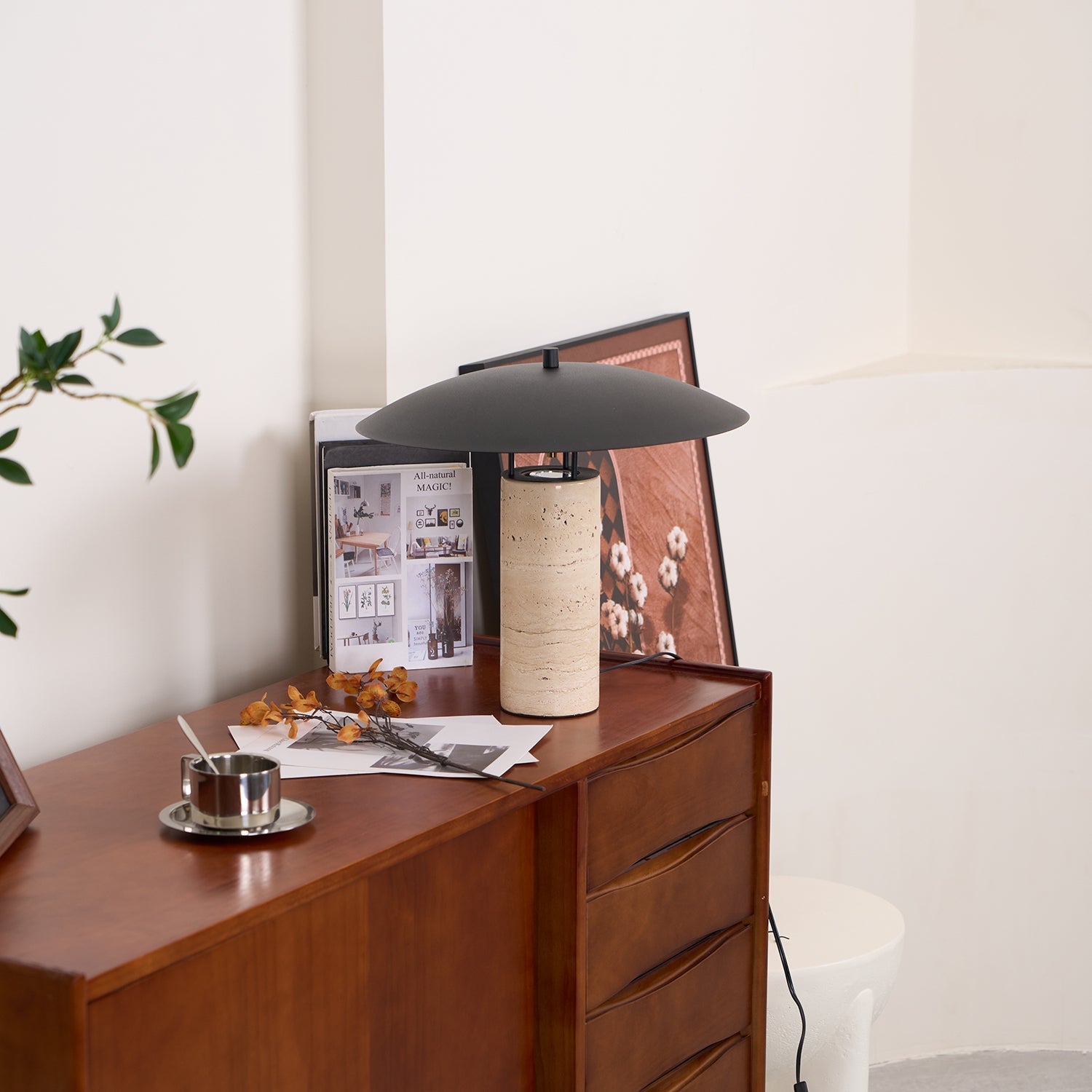Eara Disc-Pillar Travertine Table Lamp-Neutral Decor