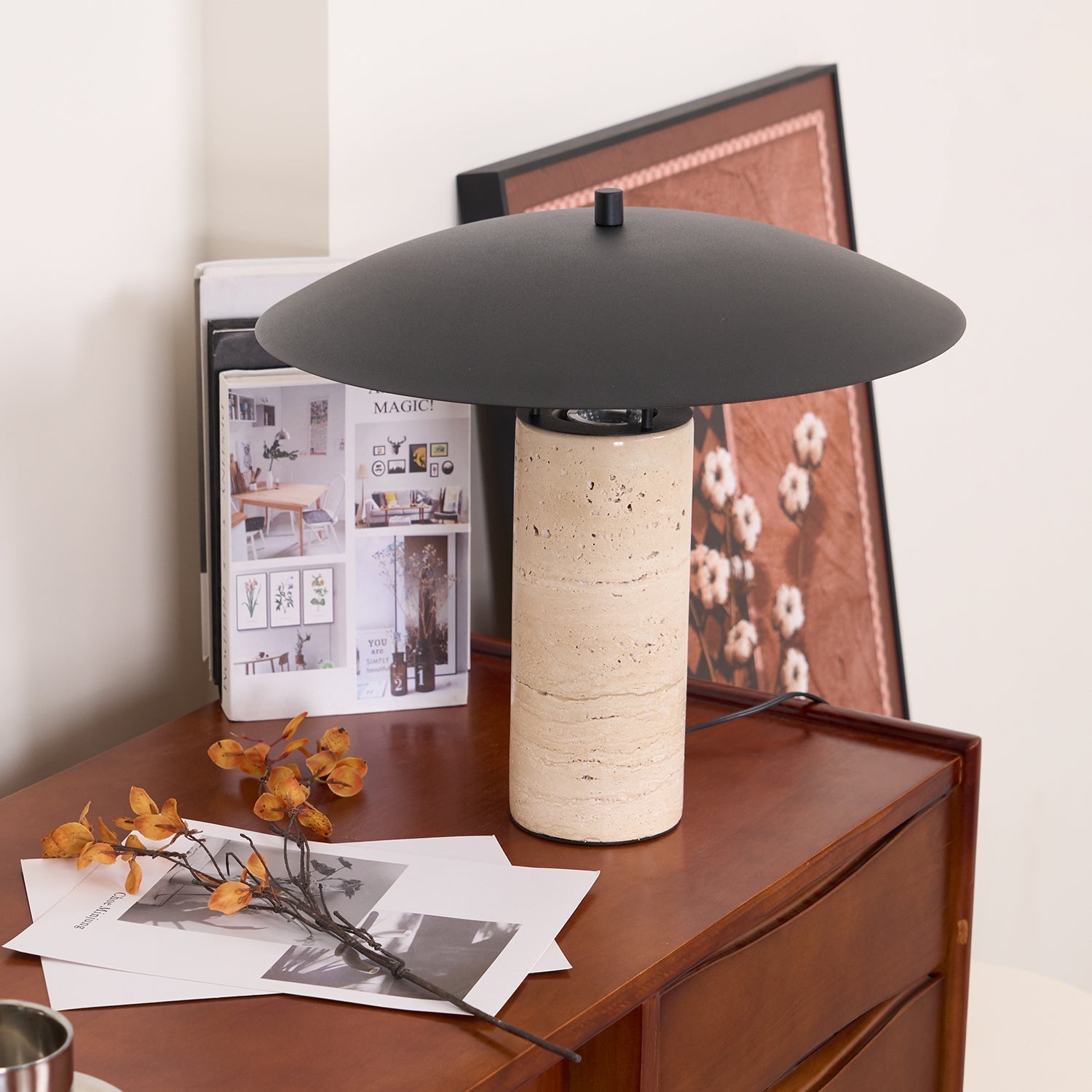 Eara Disc-Pillar Travertine Table Lamp-Neutral Decor