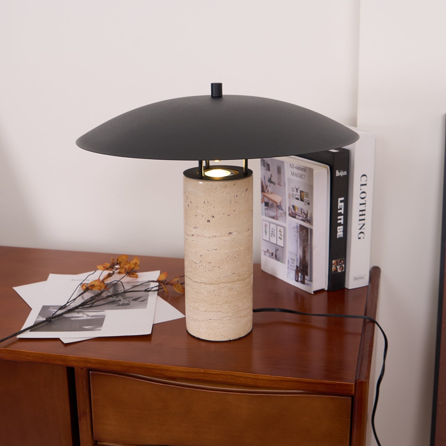 Eara Disc-Pillar Travertine Table Lamp-Neutral Decor