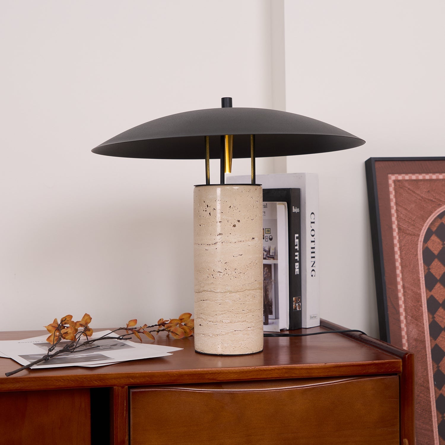 Eara Disc-Pillar Travertine Table Lamp-Neutral Decor
