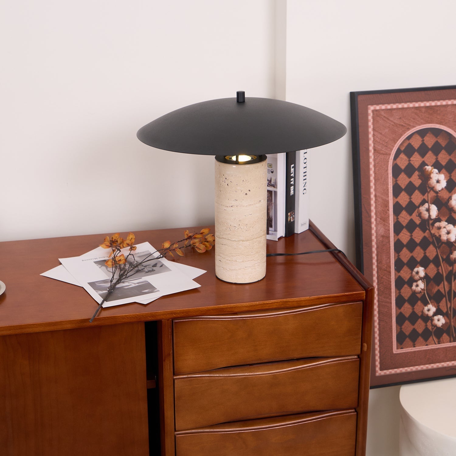 Eara Disc-Pillar Travertine Table Lamp-Neutral Decor
