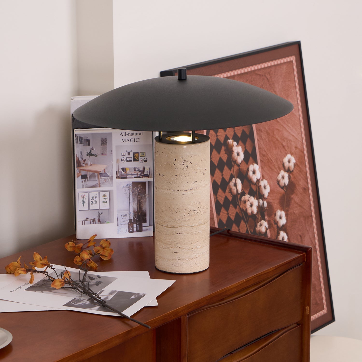 Eara Disc-Pillar Travertine Table Lamp-Neutral Decor