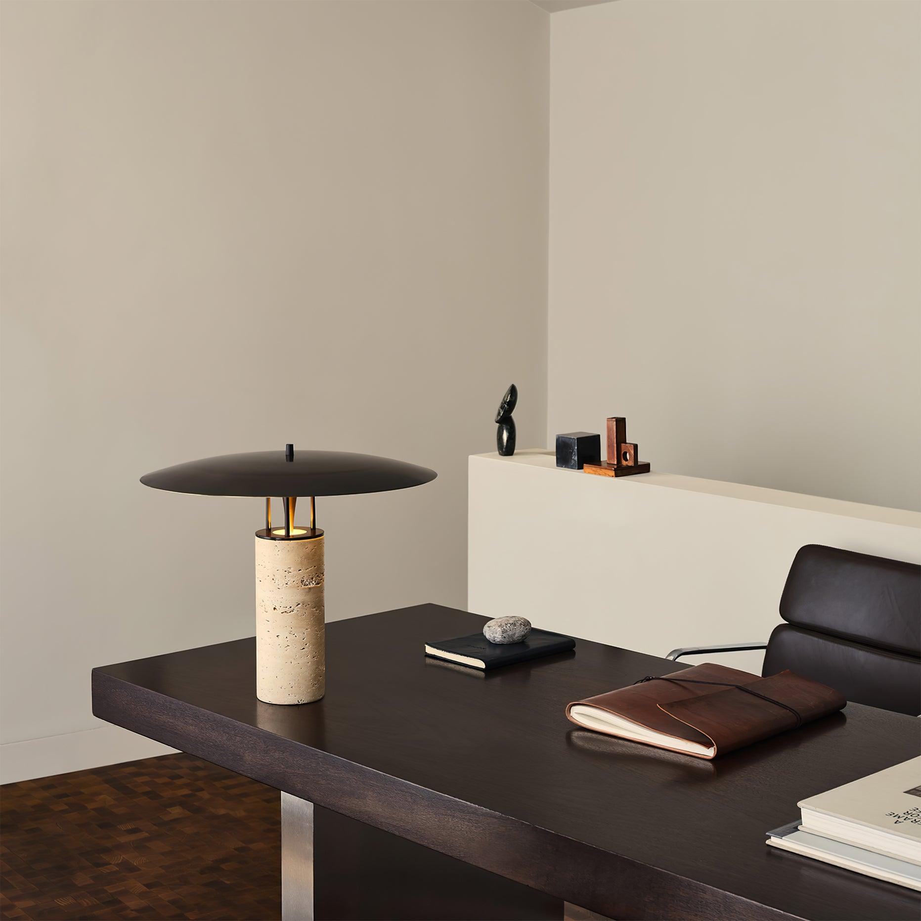 Eara Disc-Pillar Travertine Table Lamp-Neutral Decor