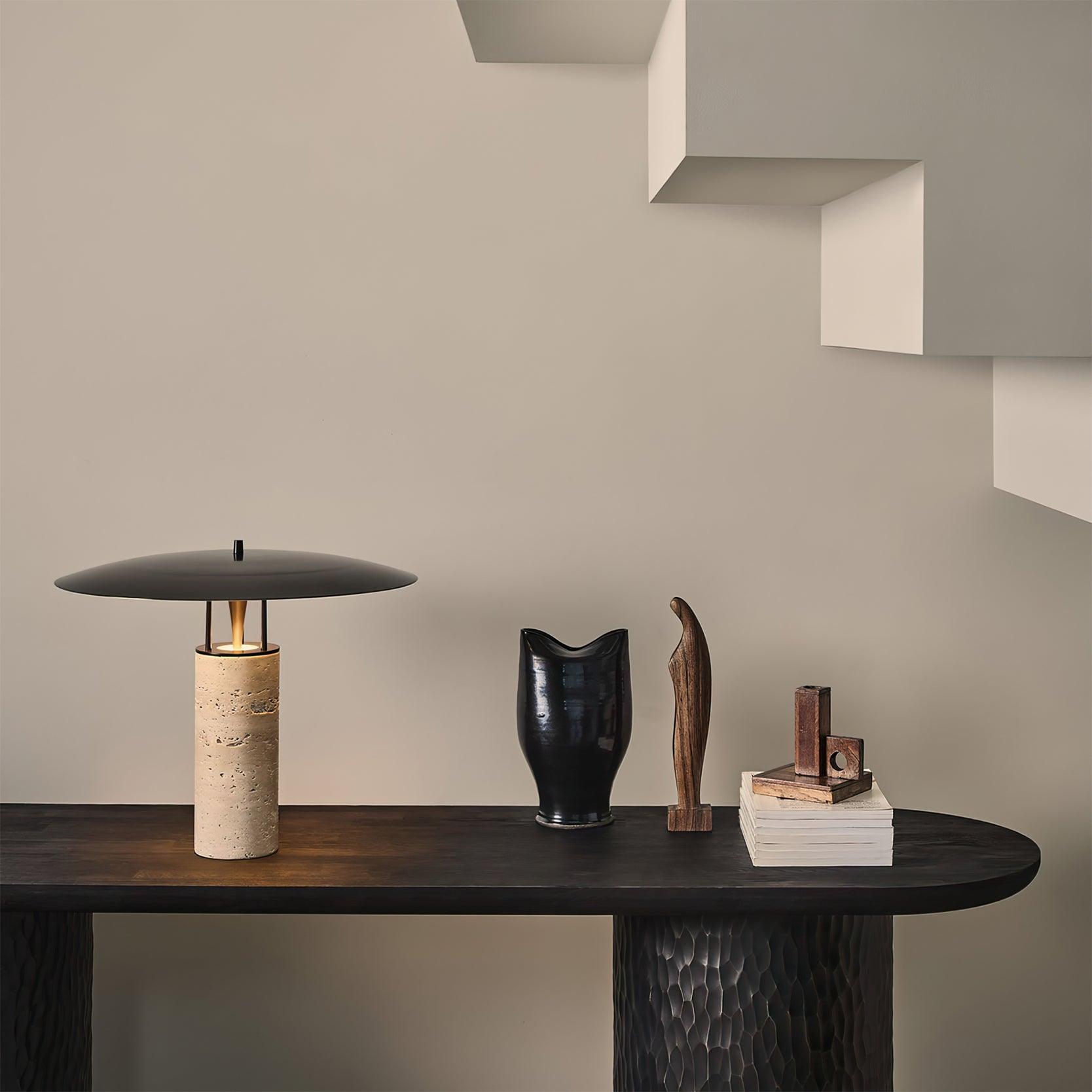 Eara Disc-Pillar Travertine Table Lamp-Neutral Decor