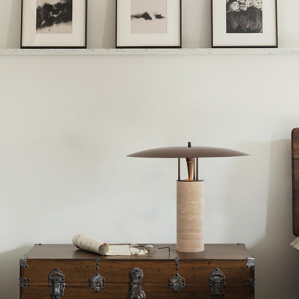 Eara Disc-Pillar Travertine Table Lamp-Neutral Decor