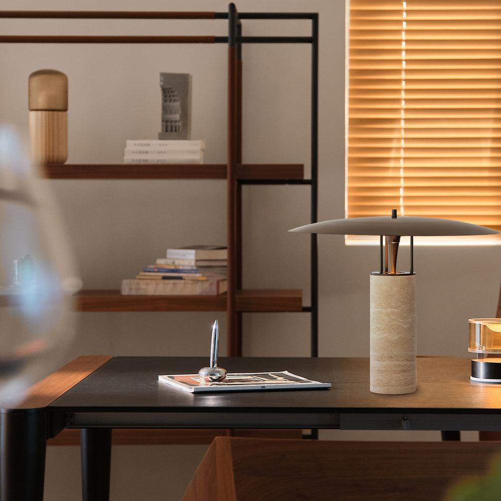 Eara Disc-Pillar Travertine Table Lamp-Neutral Decor