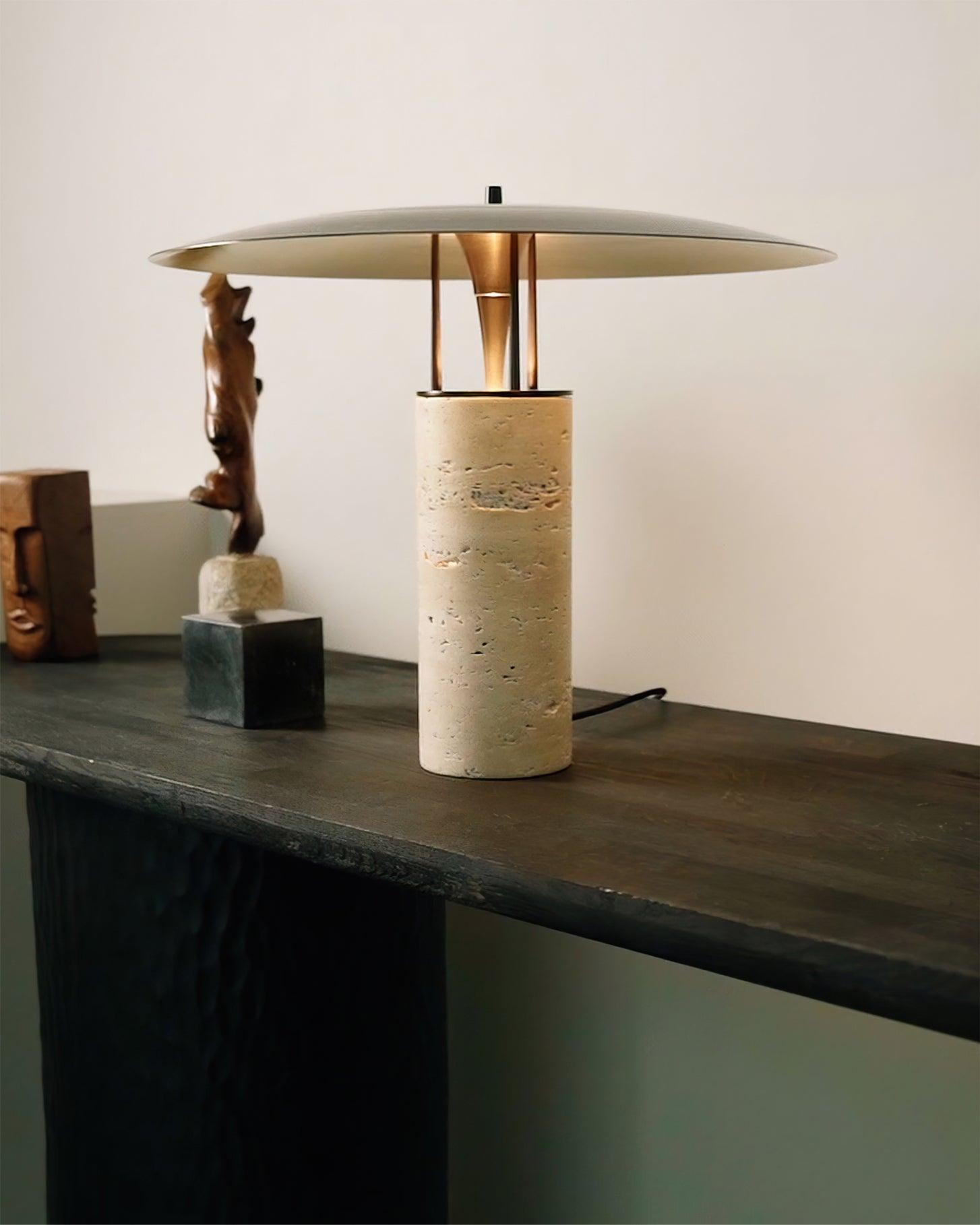 Eara Disc-Pillar Travertine Table Lamp-Neutral Decor