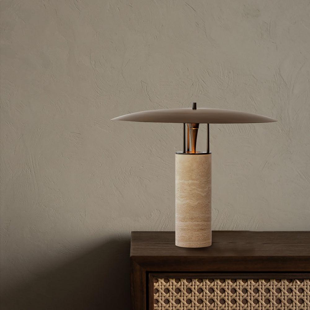 Eara Disc-Pillar Travertine Table Lamp-Neutral Decor
