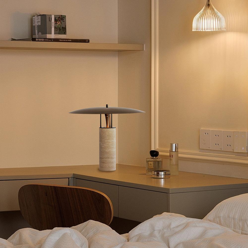 Eara Disc-Pillar Travertine Table Lamp-Neutral Decor