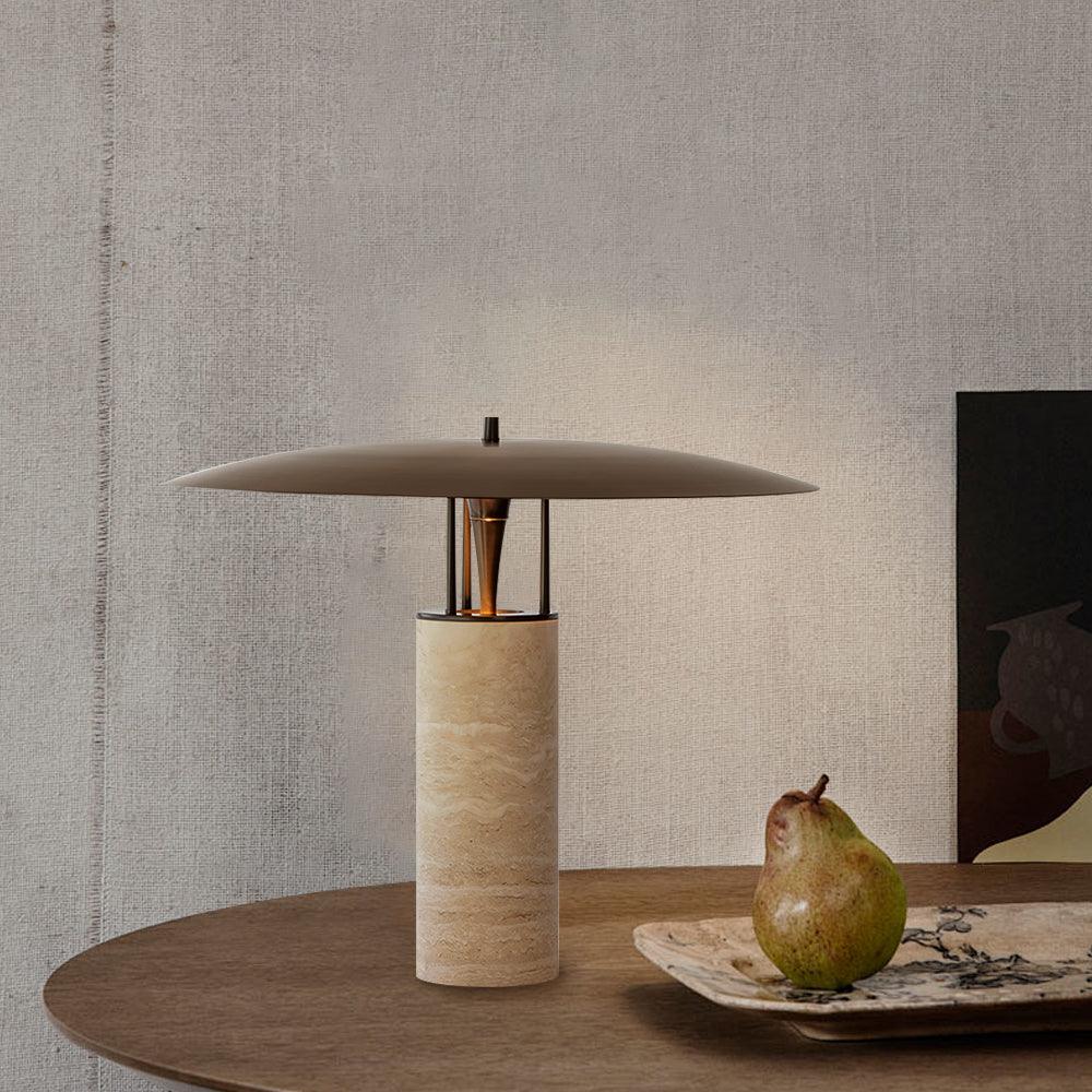 Eara Disc-Pillar Travertine Table Lamp-Neutral Decor