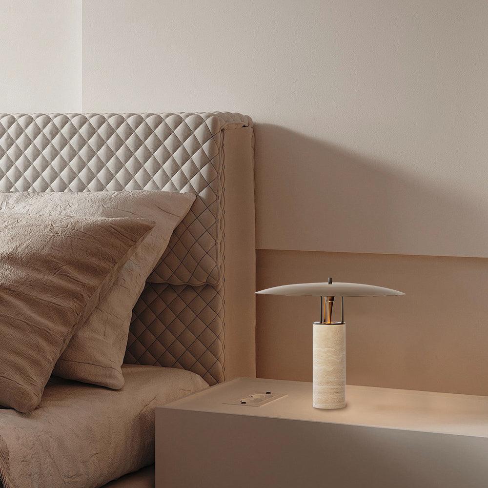 Eara Disc-Pillar Travertine Table Lamp-Neutral Decor