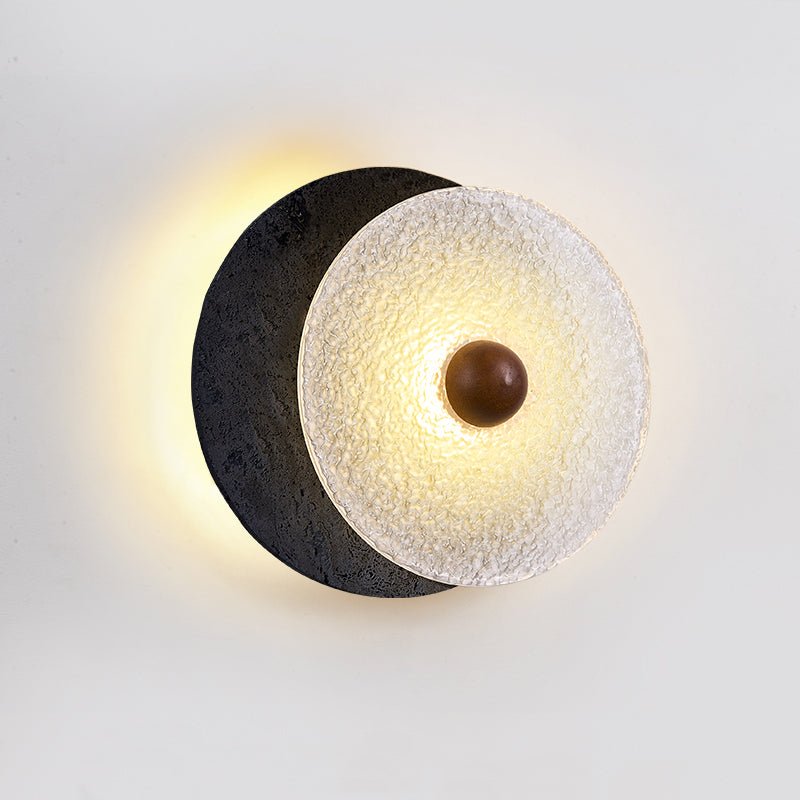 Keth Textured Black Travertine Glass Disc Wall Lamp-Neutral Decor