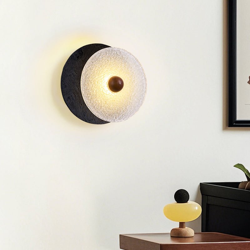 Keth Textured Black Travertine Glass Disc Wall Lamp-Neutral Decor