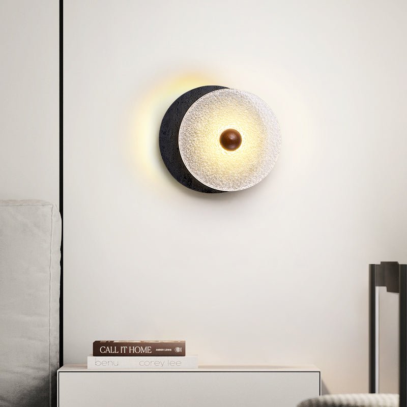 Keth Textured Black Travertine Glass Disc Wall Lamp-Neutral Decor