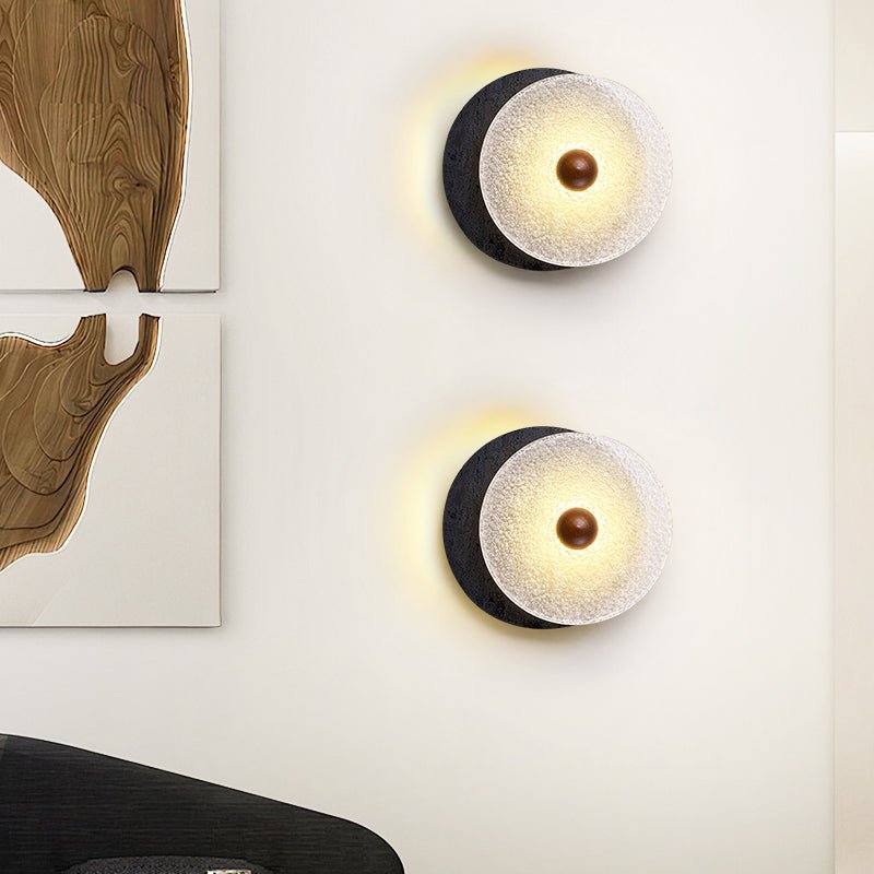 Keth Textured Black Travertine Glass Disc Wall Lamp-Neutral Decor