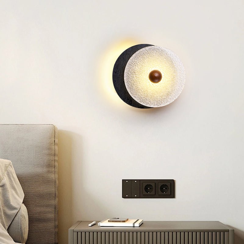 Keth Textured Black Travertine Glass Disc Wall Lamp-Neutral Decor