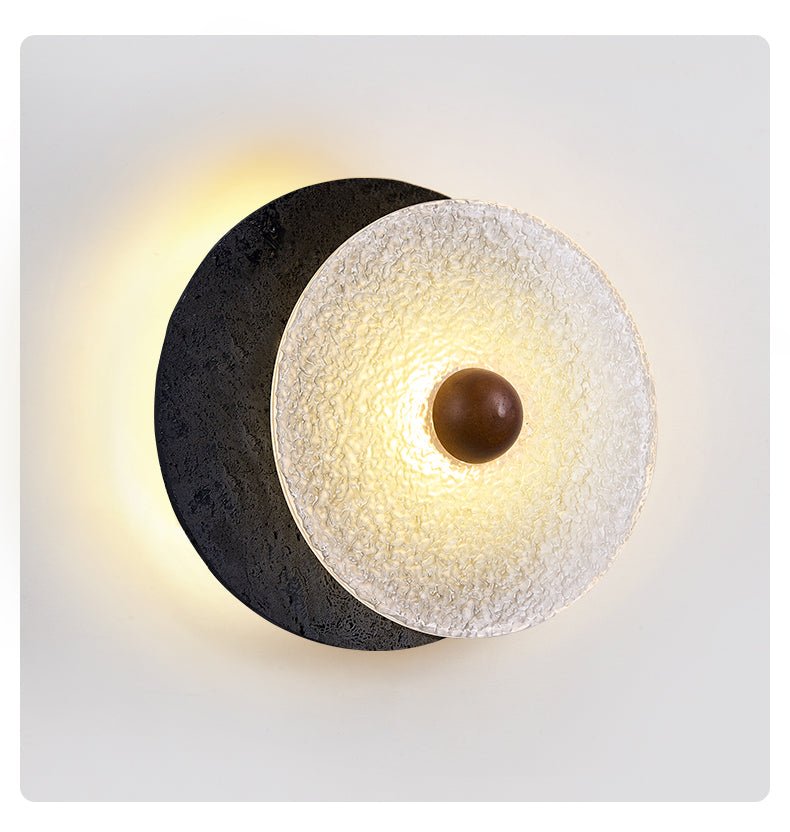 Keth Textured Black Travertine Glass Disc Wall Lamp-Neutral Decor