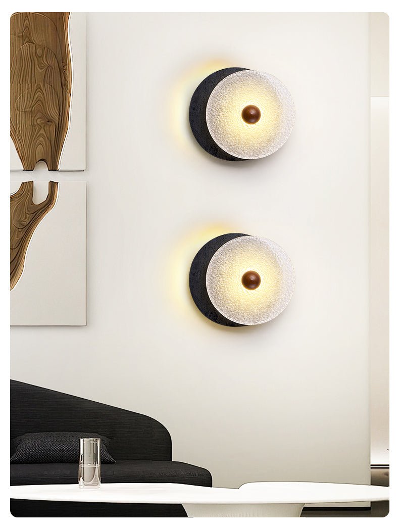 Keth Textured Black Travertine Glass Disc Wall Lamp-Neutral Decor