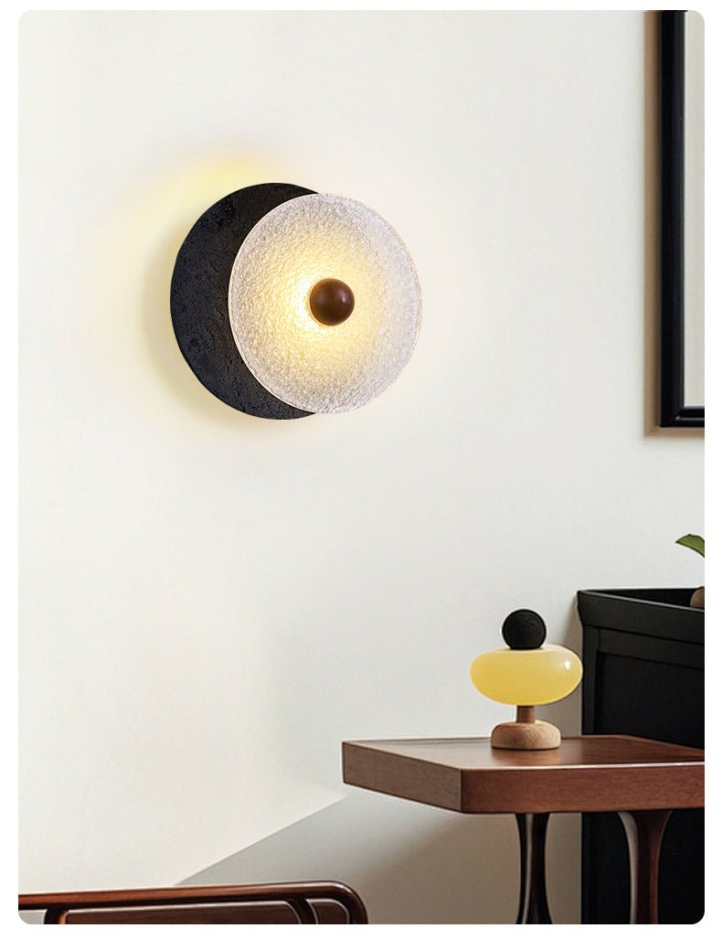 Keth Textured Black Travertine Glass Disc Wall Lamp-Neutral Decor