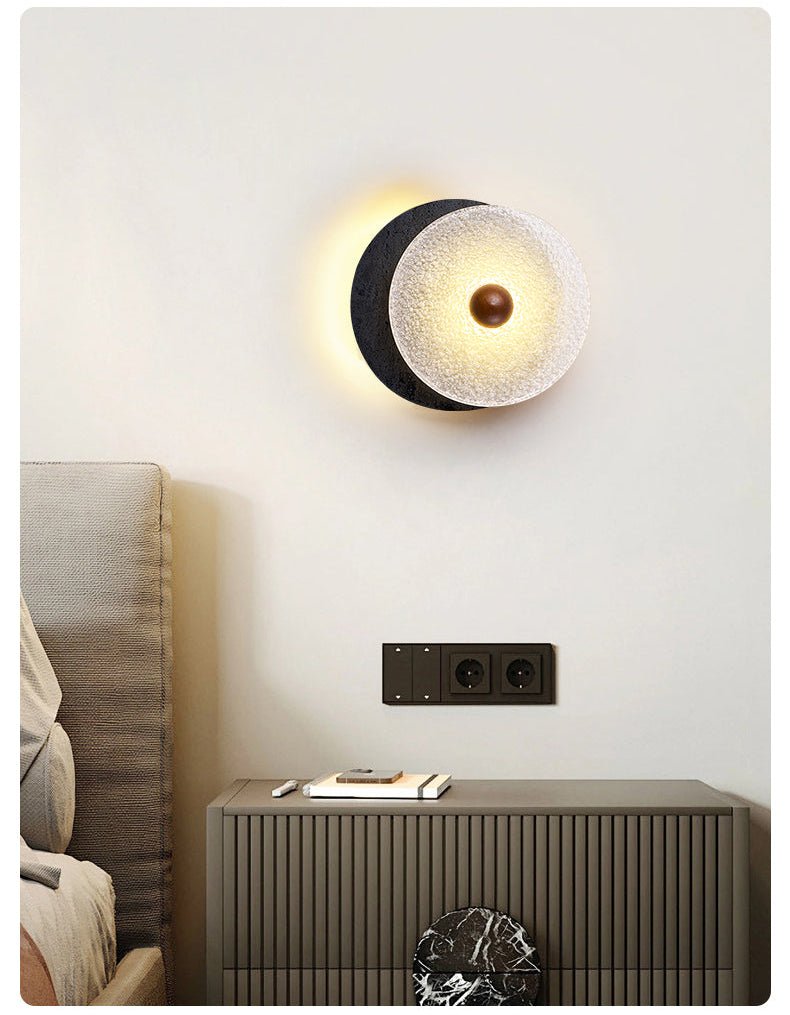 Keth Textured Black Travertine Glass Disc Wall Lamp-Neutral Decor