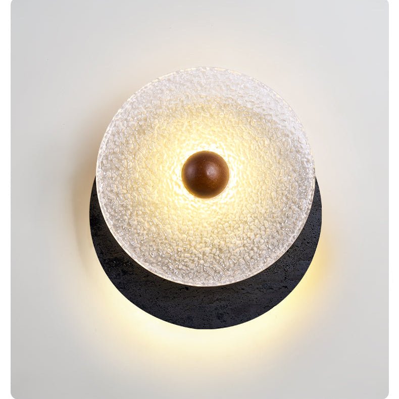 Keth Textured Black Travertine Glass Disc Wall Lamp-Neutral Decor