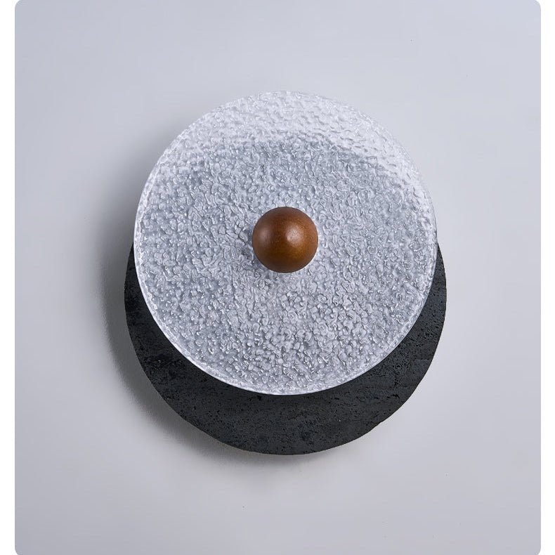 Keth Textured Black Travertine Glass Disc Wall Lamp-Neutral Decor