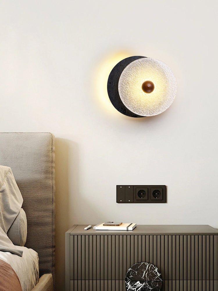 Keth Textured Black Travertine Glass Disc Wall Lamp-Neutral Decor