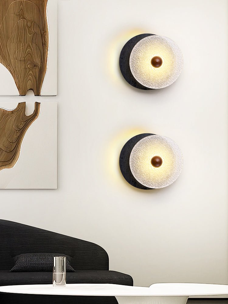 Keth Textured Black Travertine Glass Disc Wall Lamp-Neutral Decor