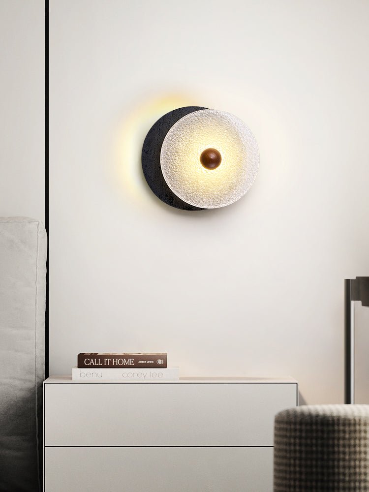 Keth Textured Black Travertine Glass Disc Wall Lamp-Neutral Decor