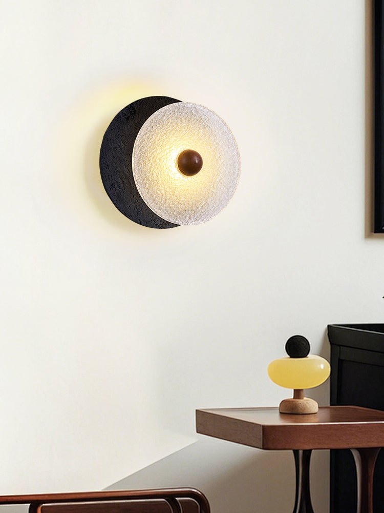 Keth Textured Black Travertine Glass Disc Wall Lamp-Neutral Decor