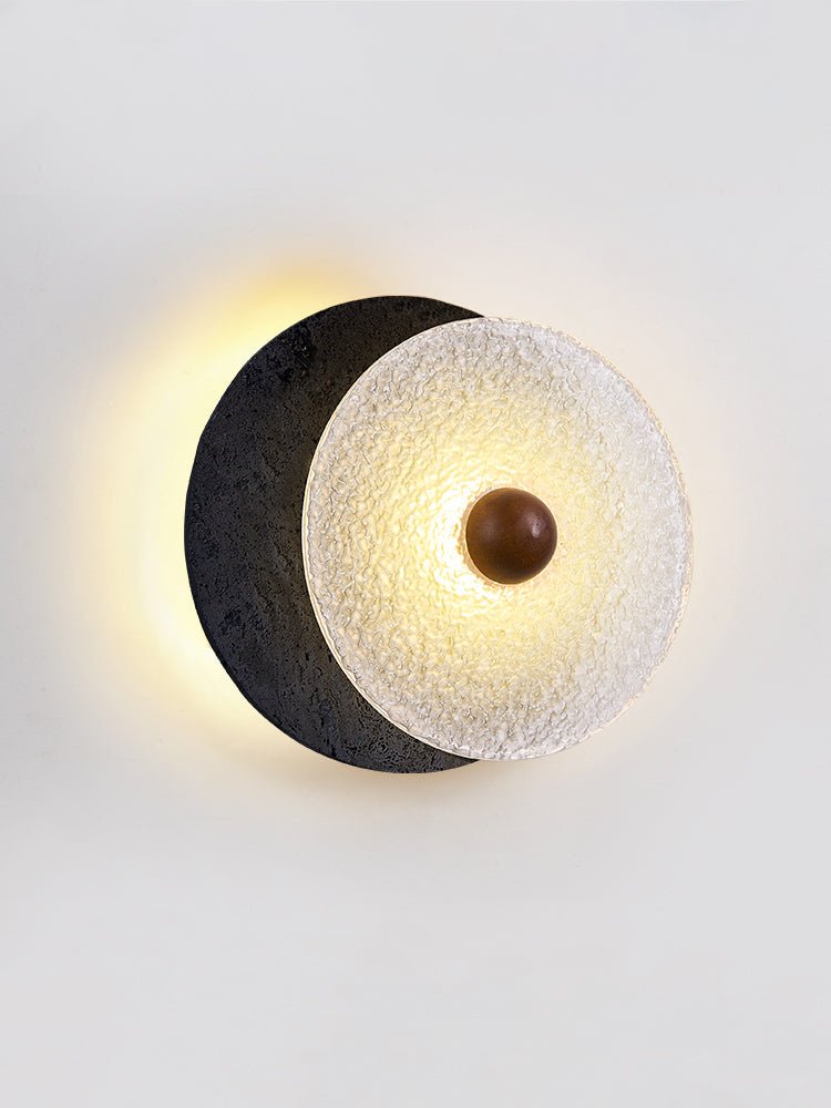 Keth Textured Black Travertine Glass Disc Wall Lamp-Neutral Decor