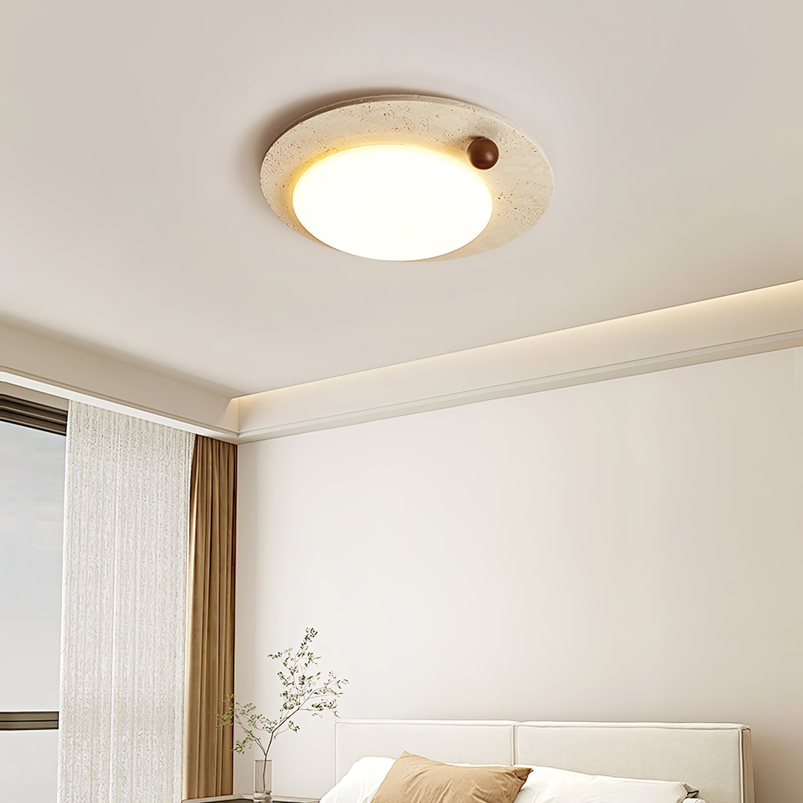 Circular Travertine Ceiling Light-Neutral Decor