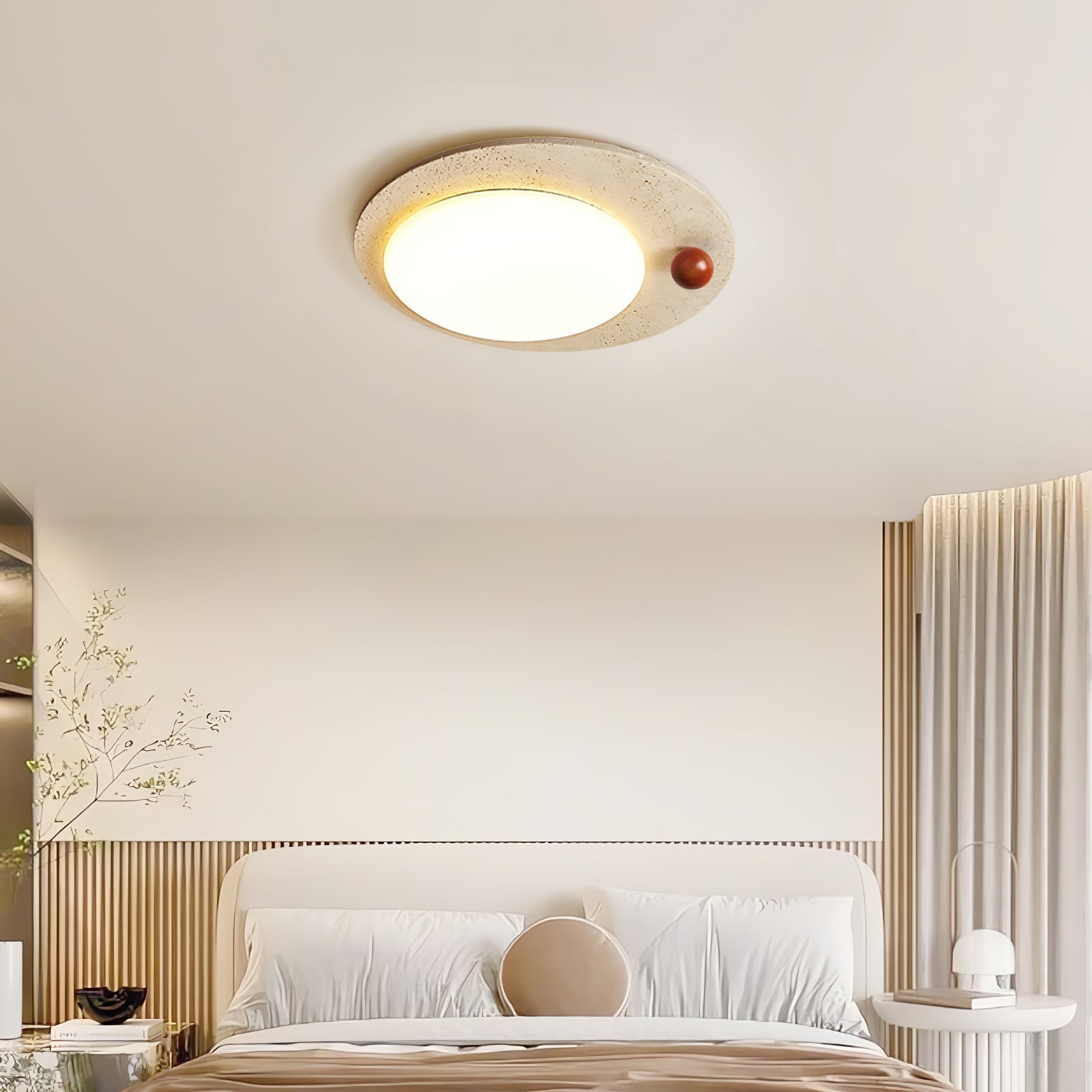 Circular Travertine Ceiling Light-Neutral Decor