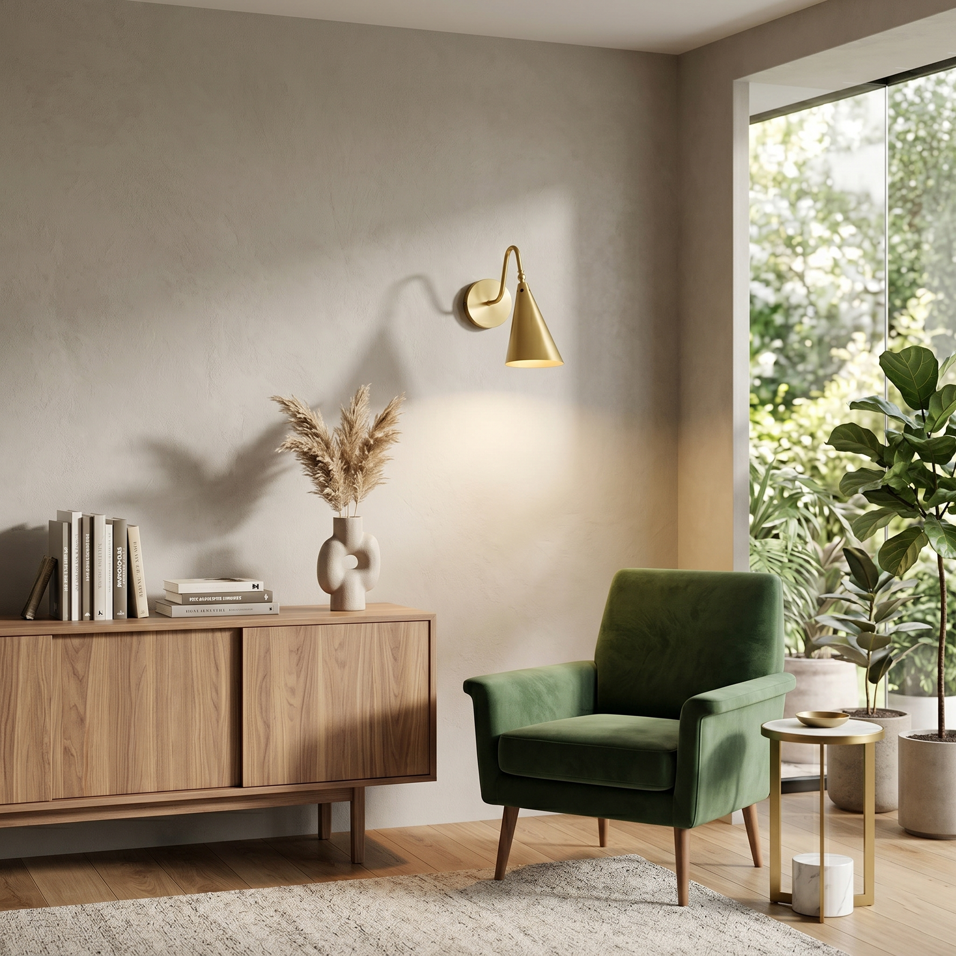 Trumpet Wall Lamp in black, illuminating a reading nook.