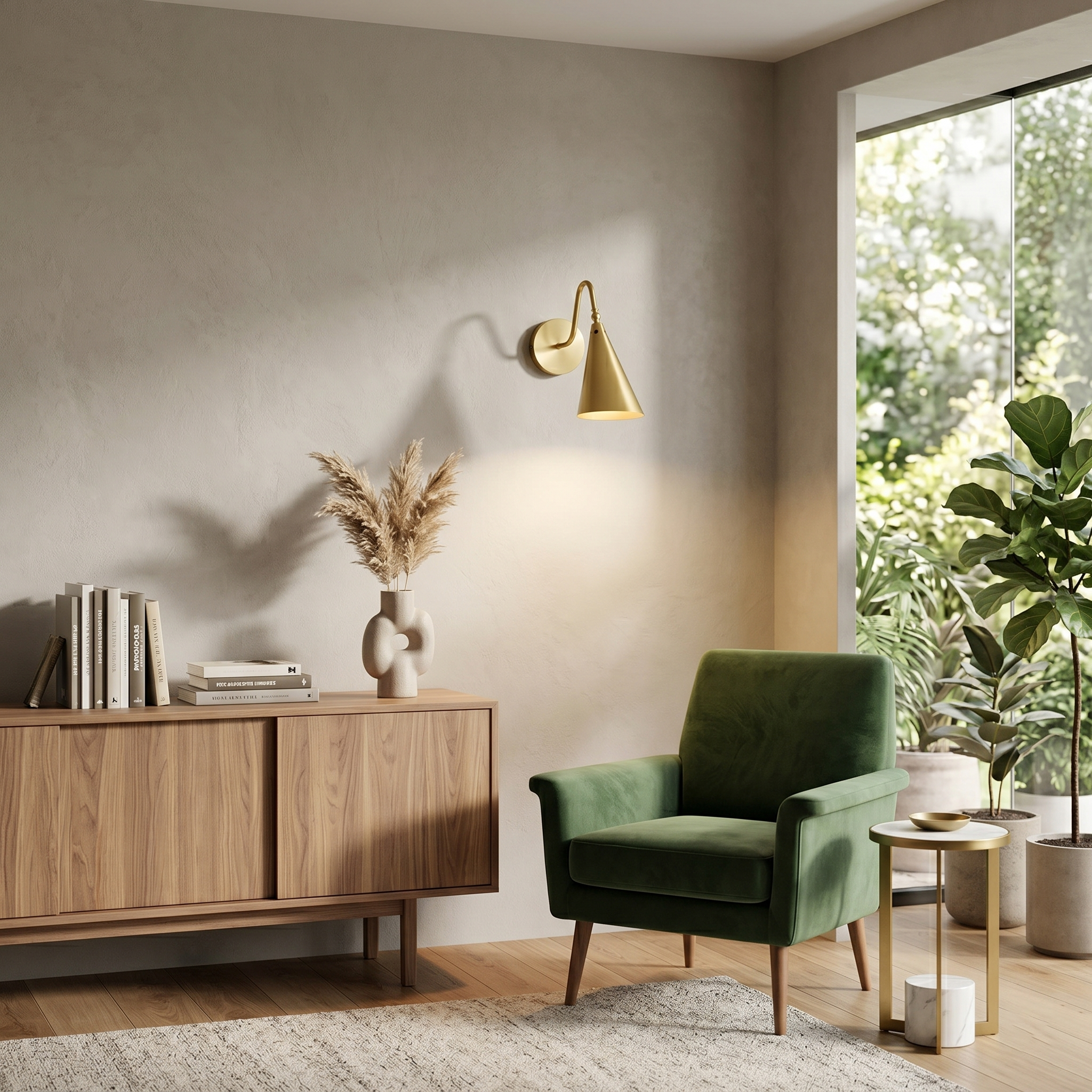 Trumpet Wall Lamp in black, illuminating a reading nook.
