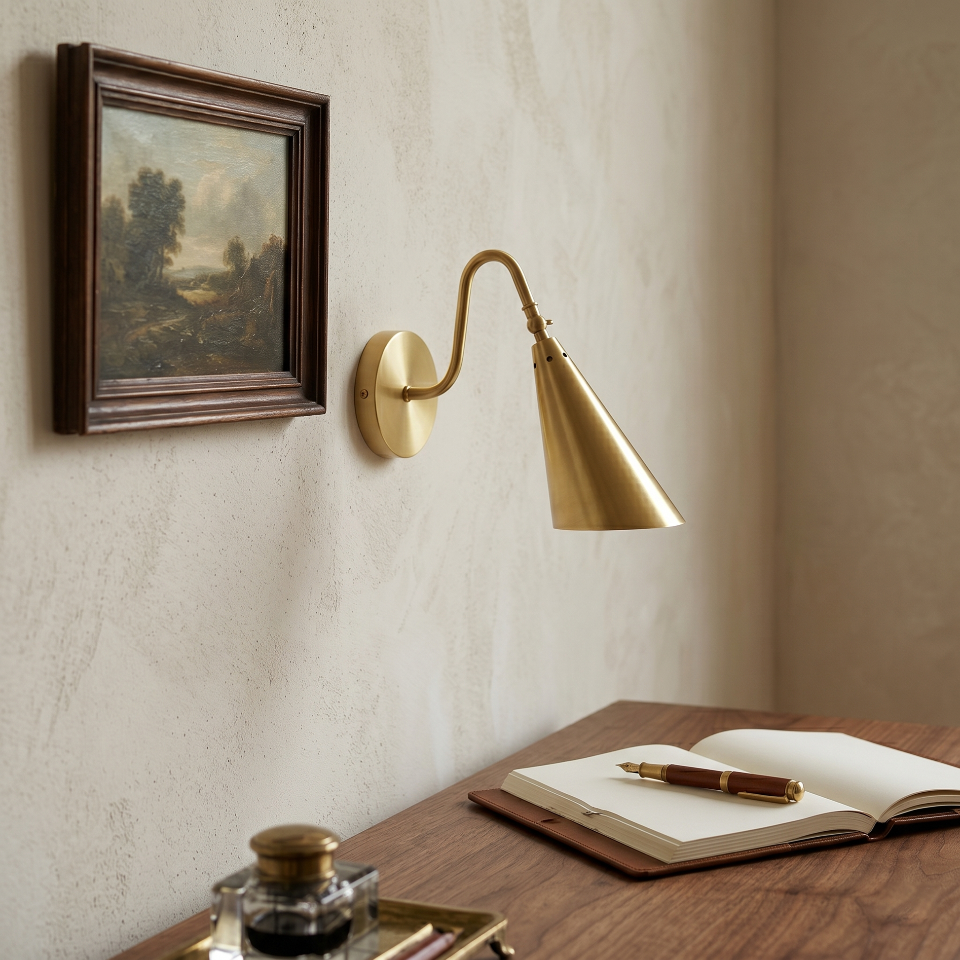 Adjustable Trumpet Wall Lamp in brass, side view showing the swivel key.