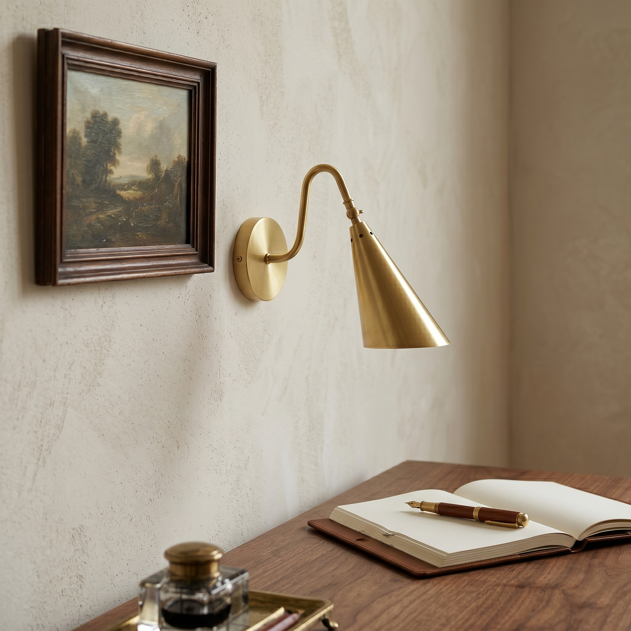 Adjustable Trumpet Wall Lamp in brass, side view showing the swivel key.