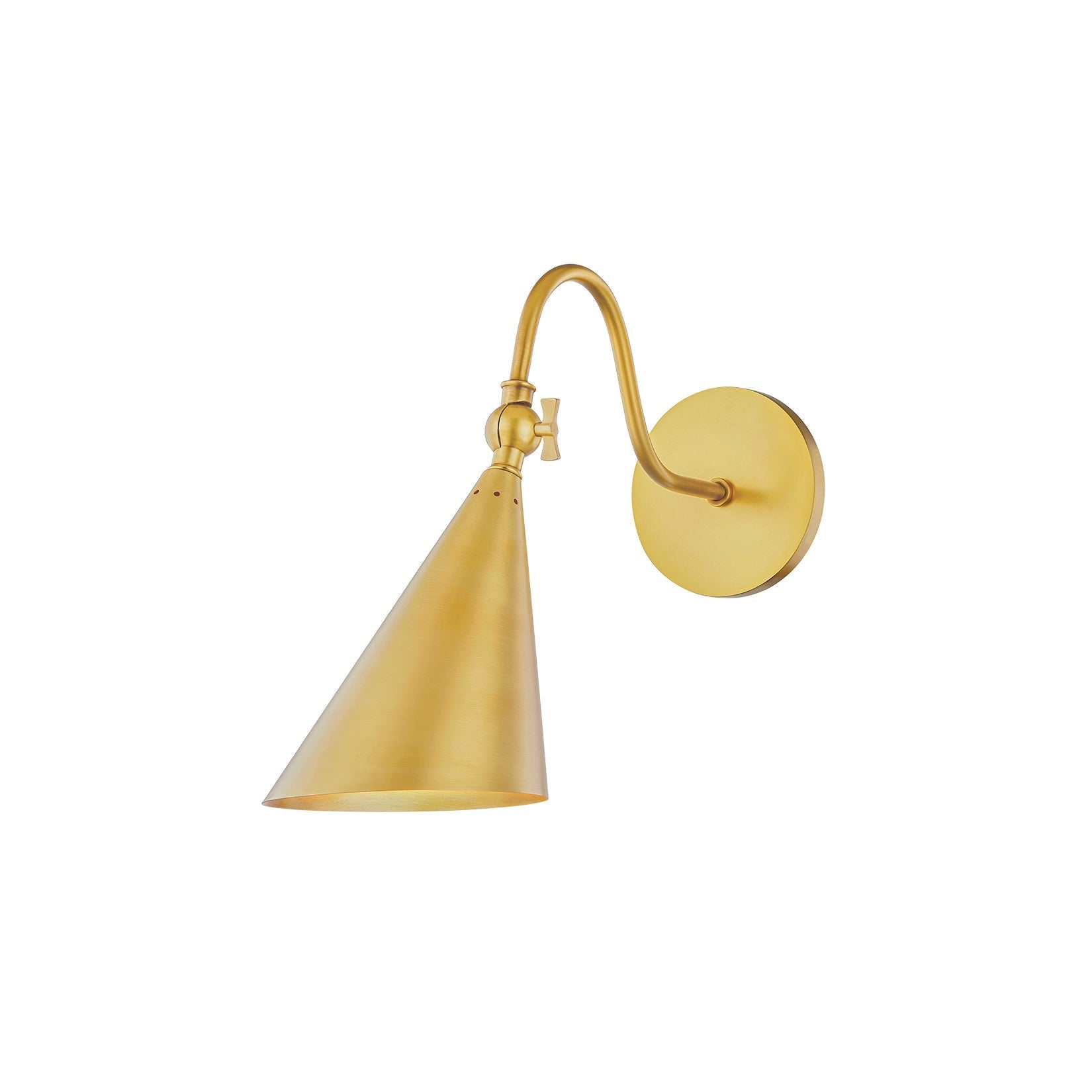 Trumpet Brass Wall Lamp in a brass finish, front view.