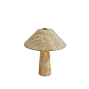 Lydia Table Lamp with its sculptural travertine base and beige finish.