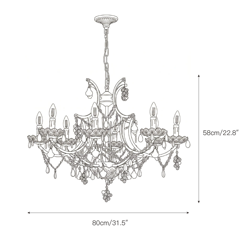 The chandelier shown from a low angle, highlighting its elegant structure.