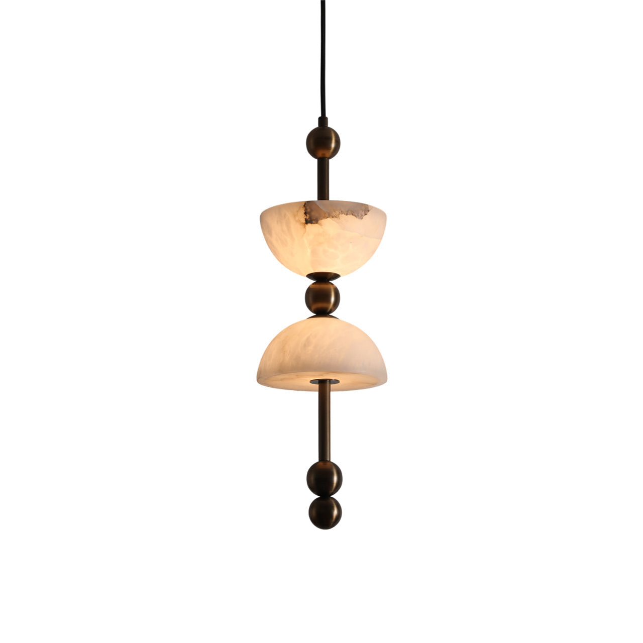 Lyra Alabaster Pendant Lamp with a warm brass body.