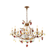 Lyra Isadora Chandelier with a vintage gold leaf frame and multicolor crystal droplets.